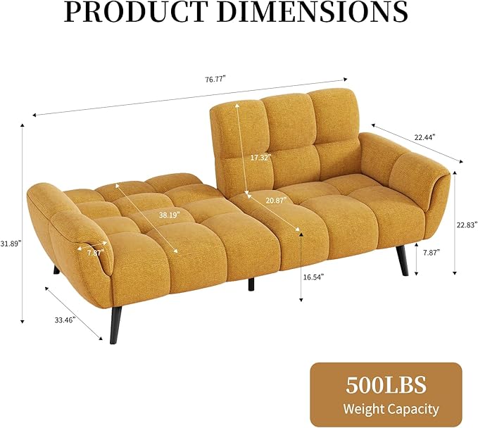 Futon Sofa Bed Convertible 77 Modern Linen Futon Couch Comfy Sleeper Sofa with Adjustable Backrests Couch Bed for Small Spaces Living Room Bedroom Apartment Golden Yellow