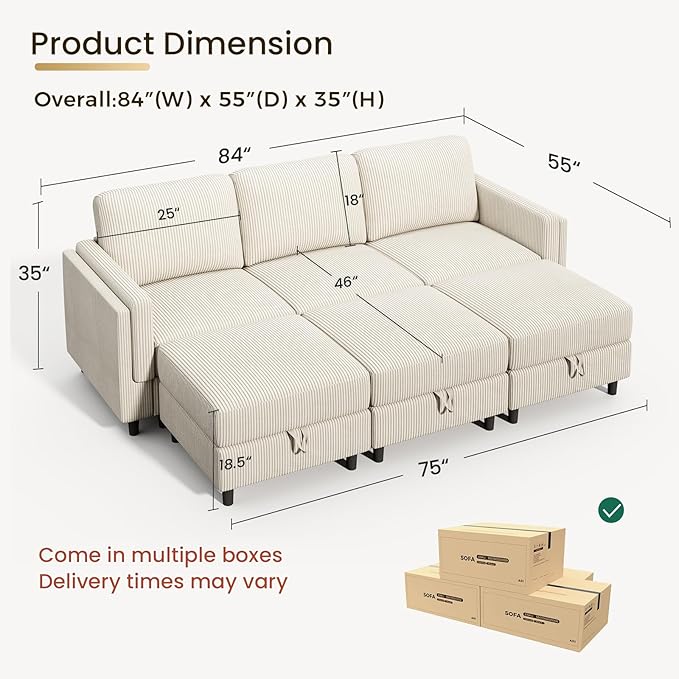 KKL 6 Seaters Sofa Bed for Living Room - Sofa Couch with Storage Ottoman Convertible L/U-Shaped Sleeper Couch for Living Room Modern Reversible Design Beige