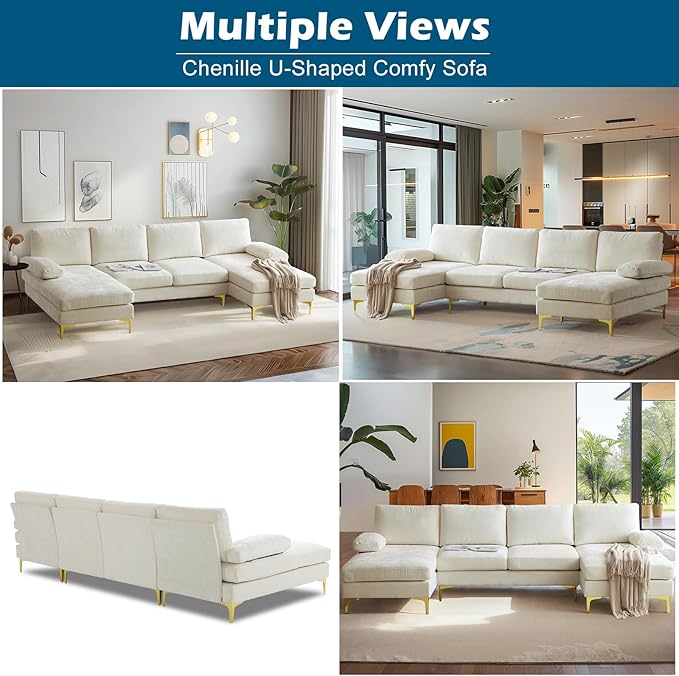VINGLI 110 Large U-Shape Sectional Sofa Couch with 51 D Double Chaise for Living Room Modern Sectional Couch Set with Soft 5.9 Thickness Seating Padding Chenille FabricMetal Gold Legs(Beige)