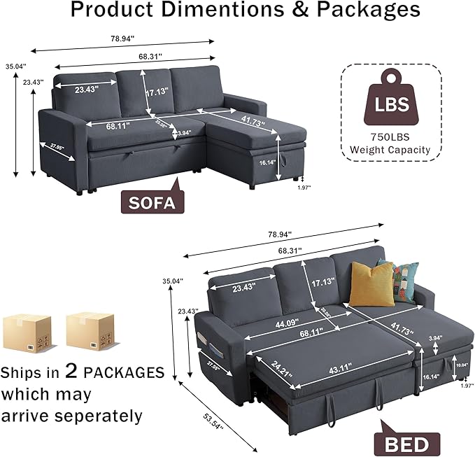 Convertible Sleeper Sofa Bed 79 Pull Out Bed L-Shape Sectional Couch with Reversible Storage Chaise Soft Cushions 3 in 1 Modern Pullout Bed for Living Room Dark Grey