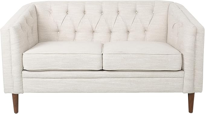 Christopher Knight Home Contemporary Tufted and Diamond Stitching Fabric LoveseatTub-Design 2-Seater Sofa Removable Cushions Birch Wood Legs Square Arms Beige and Espresso