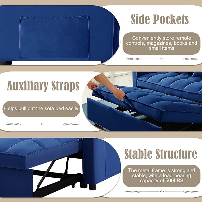 3 in 1 Convertible Sleeper Sofa Couch with Pull Out Bed55 Velvet Upholstered Futon Sofa BedModern Loveseat Sleeper Chaise with Adjustable Backrest for Living Room Guest Room Apartment(Blue)