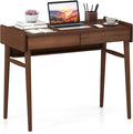 Tangkula Bamboo Mid Century Desk with 2 Storage Drawers Home Office Study Writing Desk with Shelf &amp Cable Management Groove Home Office Desk for Working &amp Learning (Brown)
