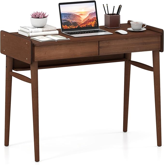Tangkula Bamboo Mid Century Desk with 2 Storage Drawers Home Office Study Writing Desk with Shelf &amp Cable Management Groove Home Office Desk for Working &amp Learning (Brown)