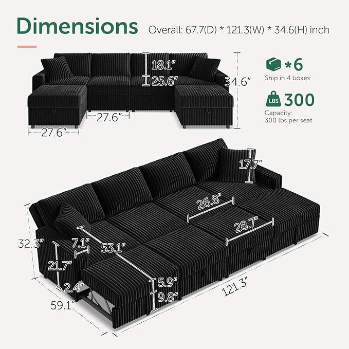 HONBAY 121.3 Inch Modular Sectional Sleeper Sofa with Pull Out Bed Convertible L &amp U Shaped Couch with Storage &amp Adjustable Backrest Velvet Black
