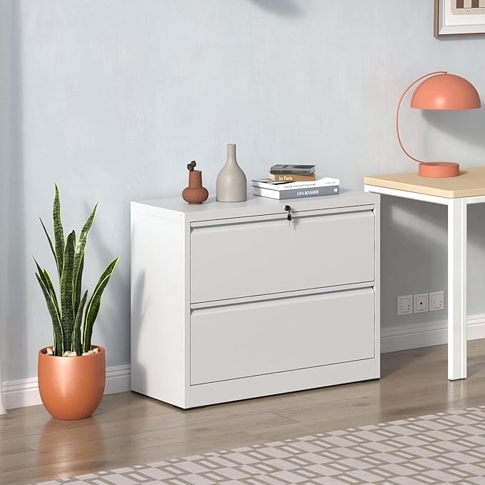 2 Drawer Small Lateral File Cabinet with Lock Under Desk Locking Storage Cabinet Organizer for Home Office Metal Filing Cabinets for Legal/Letter/A4/F4 SizeWhite