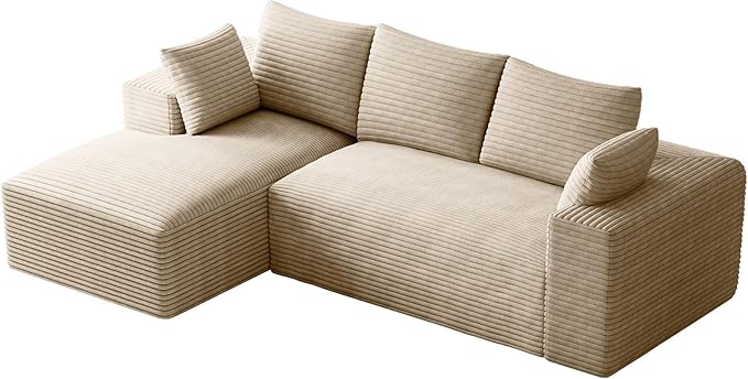 Modular Sectional Sofa Cloud Couch 107 Comfy L Shaped Sectional Couches for Living Room Modern Deep Seat Cozy Fluffy Corduroy Boneless Couch Sectionals Sofa with Chaise (Left Facing Beige)