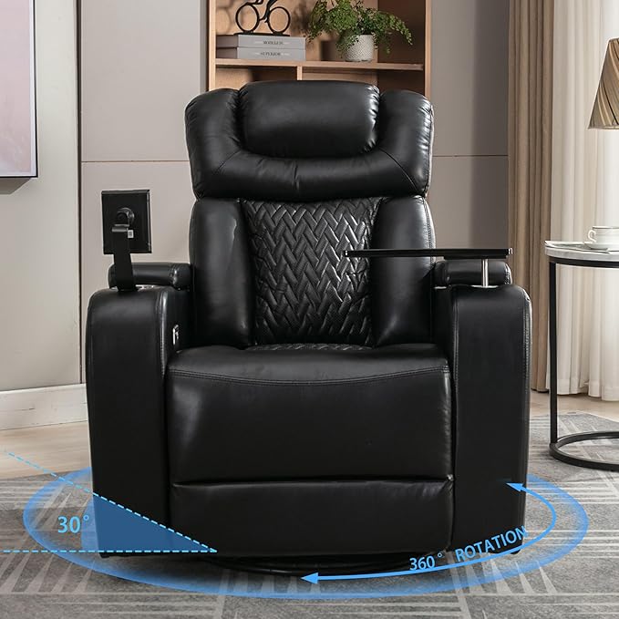PU Leather Power Swivel Rocker Recliner Chair 270 Degree Premium Nursery Glider Recliner with Arm Storage Tray Table Phone &amp Cup Holder USB Port for Living Room Home Theater