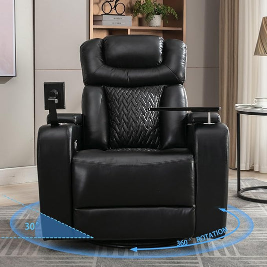 PU Leather Power Swivel Rocker Recliner Chair 270 Degree Premium Nursery Glider Recliner with Arm Storage Tray Table Phone &amp Cup Holder USB Port for Living Room Home Theater