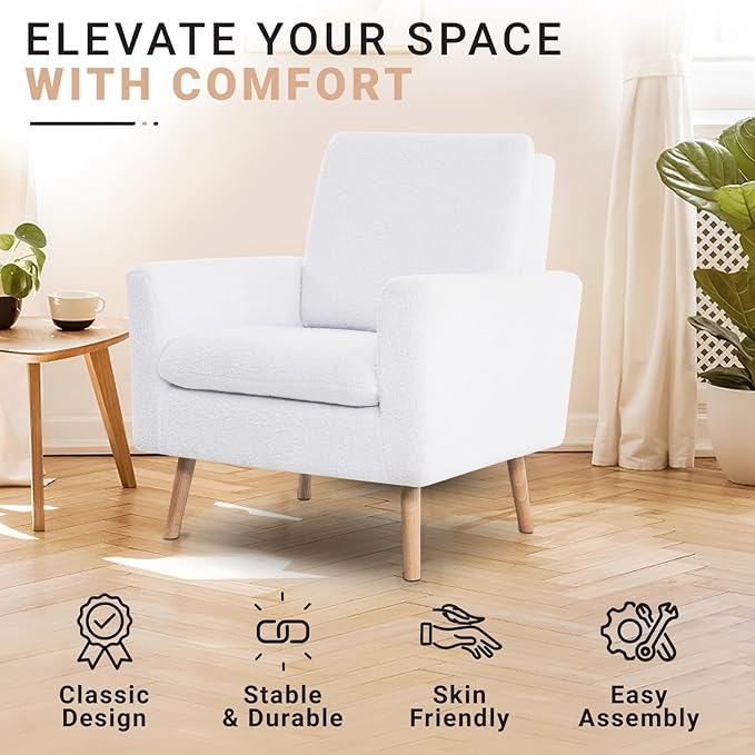 Naomi Home Frida Mid - Century Accent Chairs Set of 2 Durable Wood Frame Living Room Chairs Set of 2 Reading Chair with armrest Soft Teddy Fleece Side Chair Oak Legs arm Chairs - White