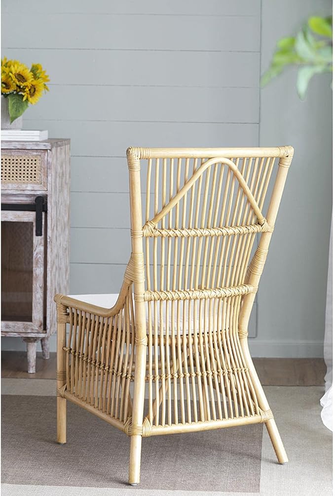 A and B Home 37.8 H Yellow and White Rattan Indoor Arm Chair w/Soft Thick Cushion Traditional Style Chair Side Chair