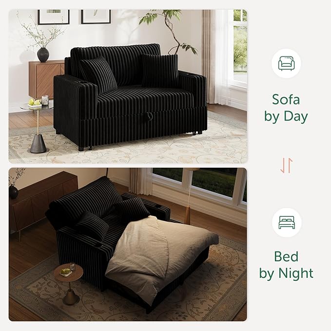 52” 3-in-1 Convertible Pull-Out Sofa Bed Sleeper Loveseat with Built-in Cup Holders Reclining Backrest Pet-Friendly Corduroy Sofa for Small Space - Black