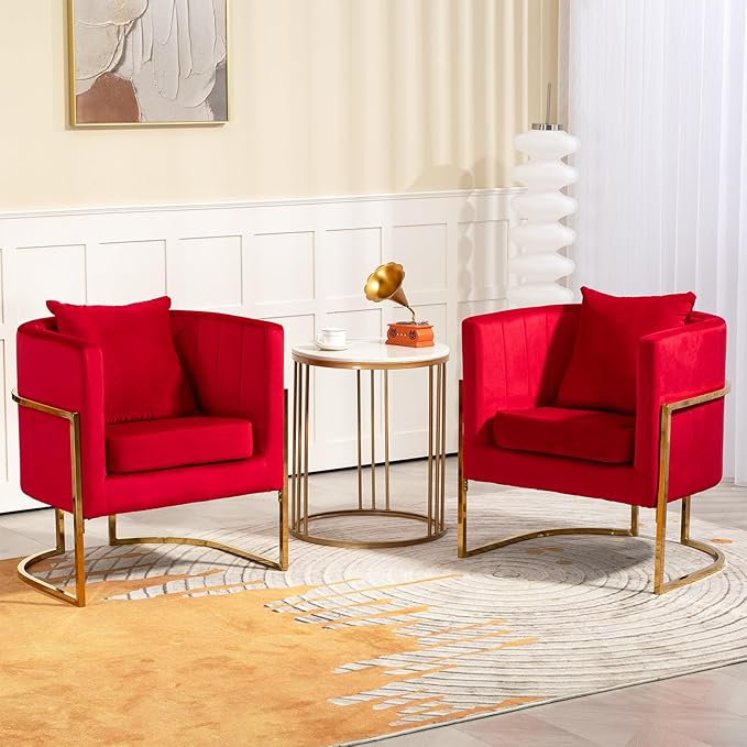 Modern Velvet Accent Chair with Lumbar Pillow Mid-Century Upholstered Barrel Armchair for Living Room Bedroom Single Sofa Club Reception Chair with Golden Metal Legs Rose Red