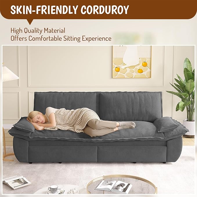 Cilee 73.2 Folding Sofa Bed 3-in-1 Convertible Loveseat Sleeper Sofa Pull Out Futon Sofa Comfy Floor Couch with Storage Pocket &amp 2 Pillows Love Seats Furniture for Living Room Corduroy Gray