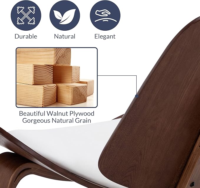Belleze Mid-Century Modern Shell Side Accent Tripod Plywood Lounge Chair Walnut Upholstered Faux Leather White