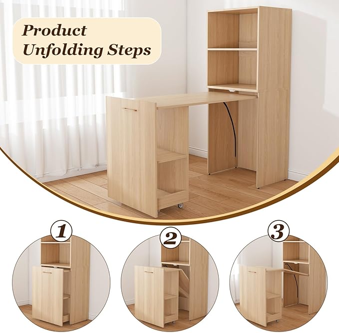KEIKI Home Office Stretchable Desks with Storage Shelves and Mobile Wheels Modern Wood Foldable Desk Gaming Computer Corner Table for Apartments Work Study Writing Natural