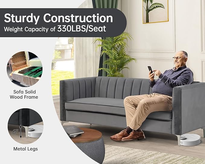 Morden Fort Velvet Loveseat Sofa 55 Modern Soft Loveseat Easy to Clean and Install Furniture Small Loveseat for Living Room Lounge Office to Read and Relax Grey