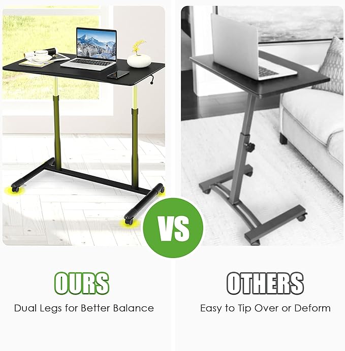 DORTALA Ergonomic Sit Stand Desk Pneumatic Height Adjustable Desk on Wheels Mobile Bedside Computer Desk w/Lockable Casters Sturdy Steel Frame for Living Room Bedroom Office Black