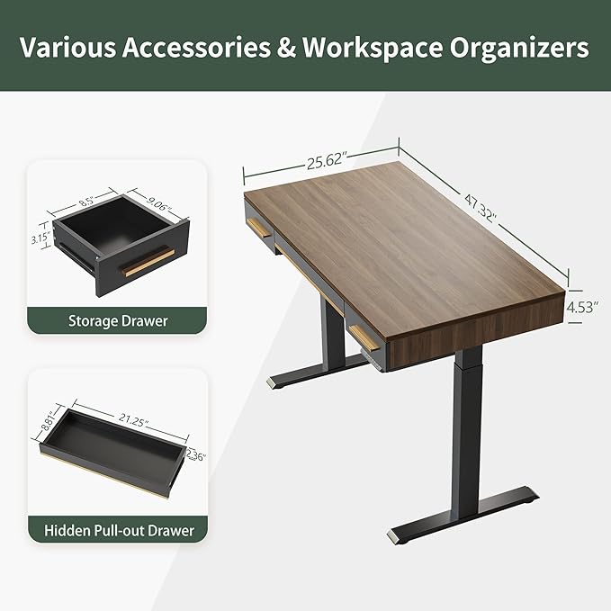 FEZIBO Mid Century Modern Electric Standing Desk with 3 Drawers 48 x 26 Inches Whole Piece Sit Stand Up Home Office Desk Black Walnut Top with Black Frame (2 Packages)