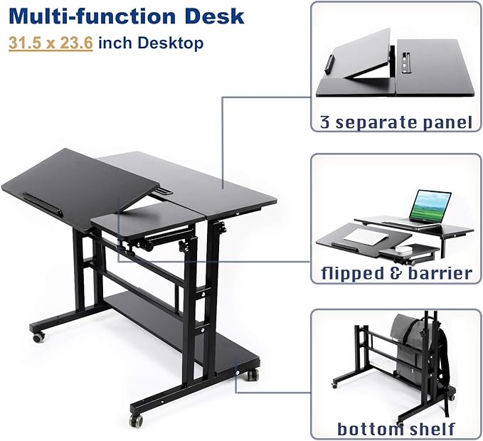 Portable Standing Desk Small Standing Desk with Wheels Standing Laptop Desk Mobile Standing Desk for Home Office Adjustable Standing Desk Stand Up Computer Desk Rolling Laptop Cart Black