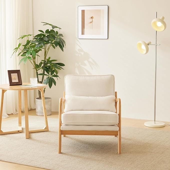 Karl home Accent Chair Mid-Century Modern Chair with Pillow Upholstered Lounge Arm Chair with Solid Wood Frame &amp Soft Cushion for Living Room Bedroom Balcony Linen White (Low Back)
