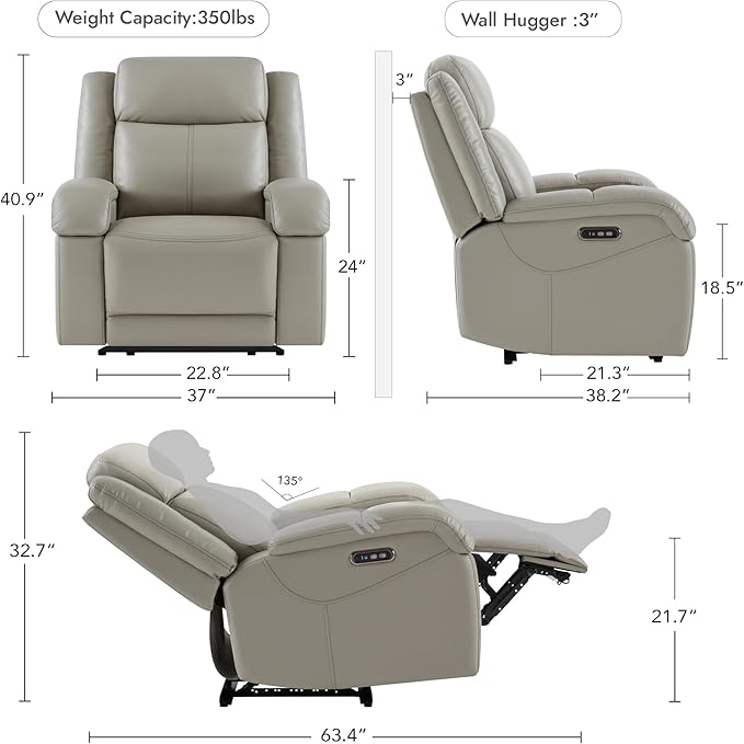 Watson &amp Whitely Genuine Leather Power Recliner Chairs for Adults Wall Hugger RV Recliner with Power Headrest &amp Charging Ports Electric Recliner Sofa Chair for Living Room Grey