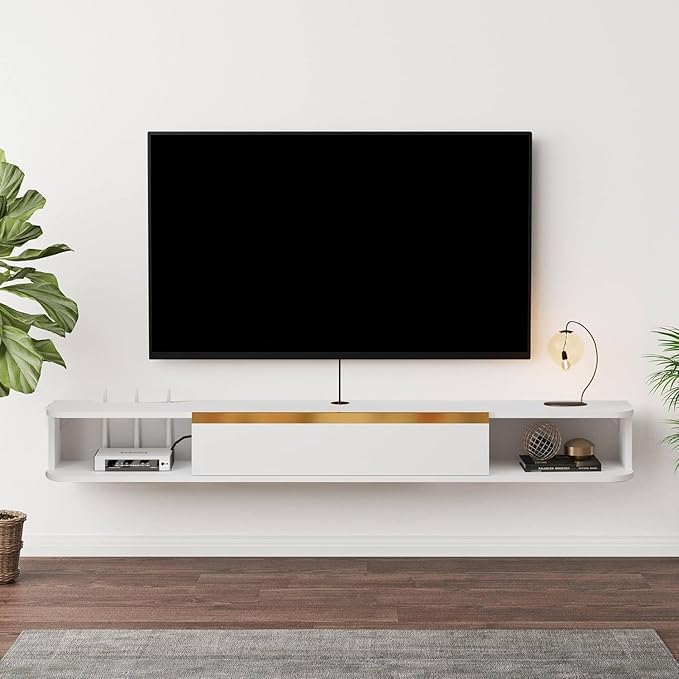 Floating TV Stand 63'' Wall Mounted Entertainment Center TV Media Console Floating Shelves with Door Floating TV Cabinet Large Storage TV Bench for Living Room (White 62.99IN)