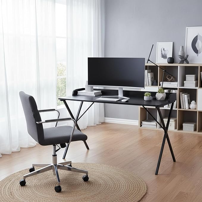 Homy Casa Modern Black Computer Desk with X-Frame Metal Legs 47.2 x 19.7 Writing Table Raised Edge Minimalist Home Office Workstation