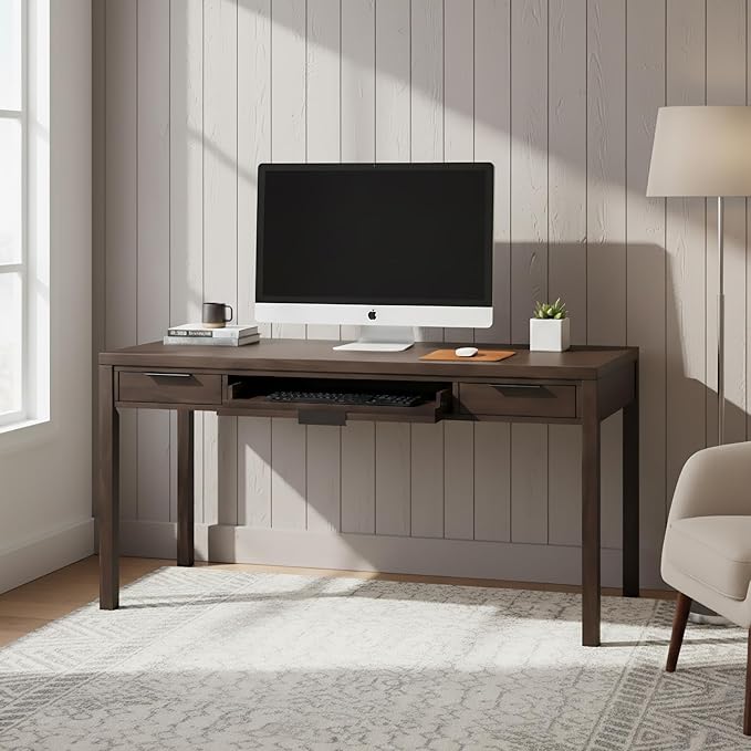SIMPLIHOME Hollander Desk - 60 Inch Wide Solid Wood Writing Desk in Dark Brown Walnut Contemporary Home Office Computer Table for Workspace or Study with 2 Drawers and Flip-Down Keyboard Tray