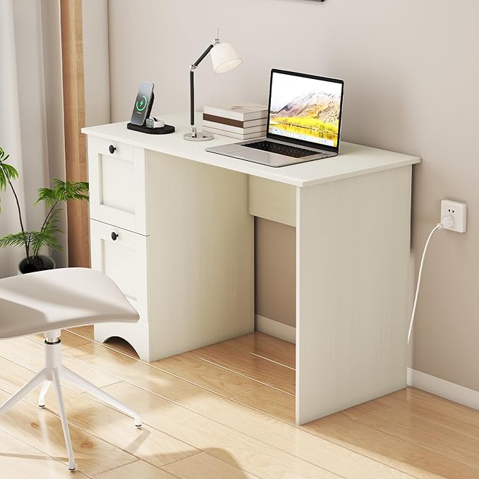 White Computer Desk 43” Desk with Drawers Home Office Desks with Power Outlet Modern Makeup Vanity Wooden Gaming Table Small Desk for Bedroom Writing Study Workstation for Teens
