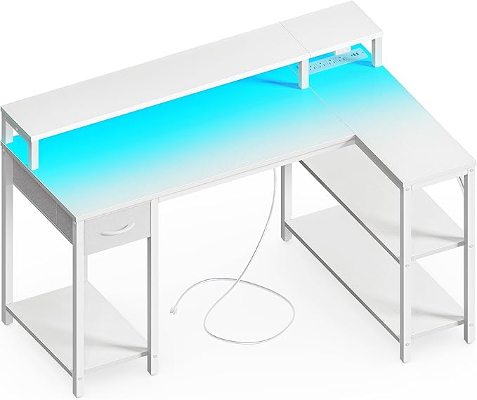 SUPERJARE 47 inch Reversible L Shaped Desk with LED Lights &amp Power Outlets Computer Desk with Shelves &amp Monitor Stand Gaming Desk with Drawer Home Office Desk Corner Desk PU White Drawer