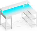 SUPERJARE 47 inch Reversible L Shaped Desk with LED Lights &amp Power Outlets Computer Desk with Shelves &amp Monitor Stand Gaming Desk with Drawer Home Office Desk Corner Desk PU White Drawer