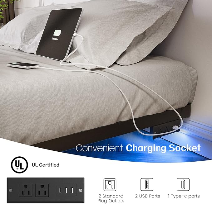 OLEVS Floating Bed Frame Queen Size with Smart LED Lights and Charging Station - Modern Metal Platform Bed Easy Assembly No Box Spring Needed