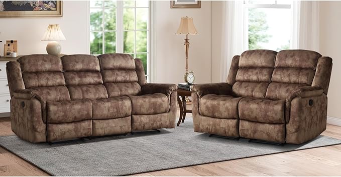 EBELLO 2 Pieces Reclining Couch Furniture Set Overstuffed Reclining Loveseat Couch and Wide 3PC Bonded Recliner Sofa Set for Living Room Brown