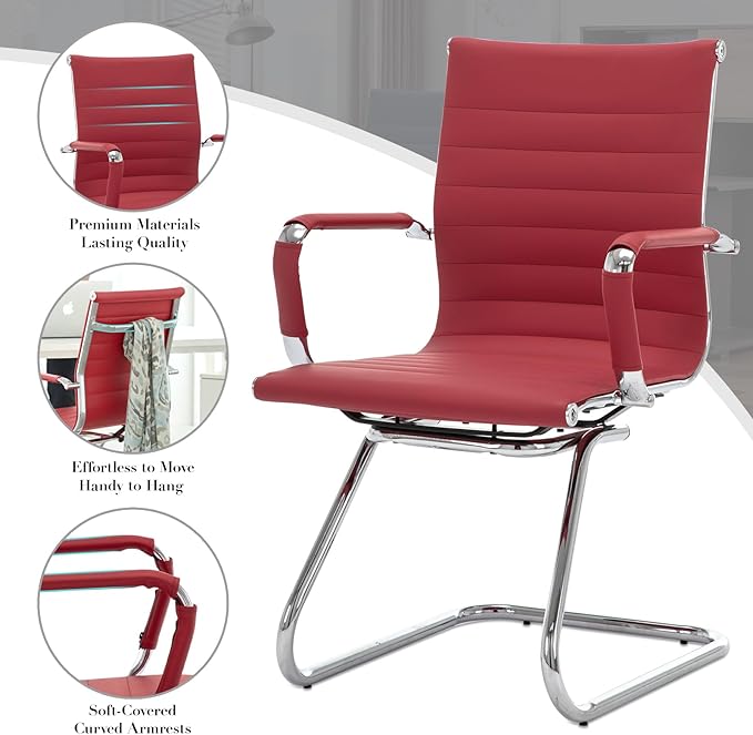 CIMOTA Waiting Room Chairs Leather Office Guest Chair Mid Back Reception Chairs with Sled Base for Meeting/Patient/Conference Room Red Set of 2