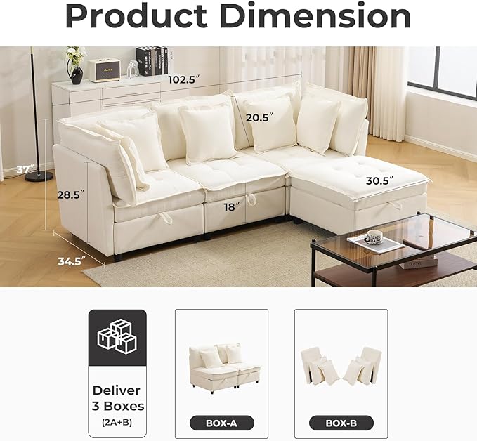 103 Modular Sectional Sofa L-Shaped Corduroy Comfy Sectional Couches for Living Room 3-Seater Cloud Couches with 1 Ottoman Modern Deep Seat Sofa with Large Storage Beige