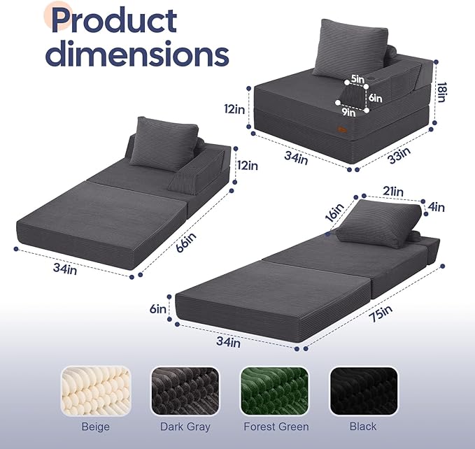 COMAX Folding Sofa Bed Foldable Couch for Bedroom Corduroy Convertible Floor Sleeper Futon Chair Foam 3 in 1 Fold Out Chair Portable Comfy Lounge Couch Single Sofa Bed for Small Space Guest Room