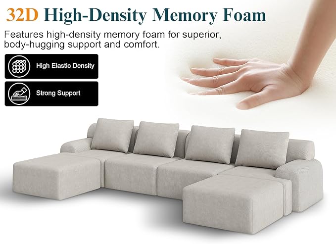 118 Boneless Couches for Living Room L-Shaped Deep Seat Cloud Couch 4 Seater Modular Sectional Sofa Plush Corduroy Convertible Oversized Couches No Assembly Required Beige