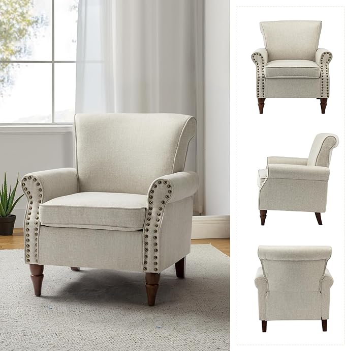 HULALA HOME Accent Chair with Wood Legs &amp Removable Cushion Modern Wingback Armchair with Nailhead Trim Comfy Upholstered Lounge Chair Single Sofa Chairs for Living Room Bedroom Oatmeal