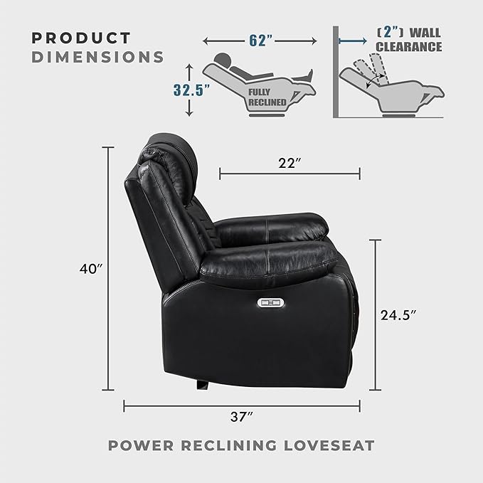 Lexicon Wall Hugger Power Double Reclining Loveseat with Console Faux Leather Home Theater Seating with LED Lighting Charging Ports Bluetooth Speaker Wireless Cup Holders Hidden Storage Black