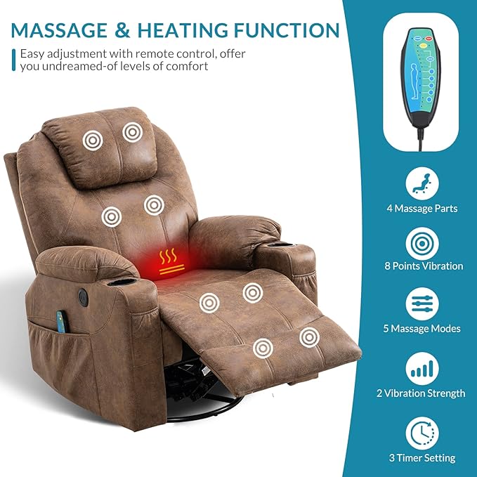 Manual 360 Degree Swivel Glider Rocker Recliner Chair with Massage and Heat 2 USB Ports 2 Front Pockets 2 Side Pockets and 2 Cup Holders Bronze Suede Fabric (Brown)