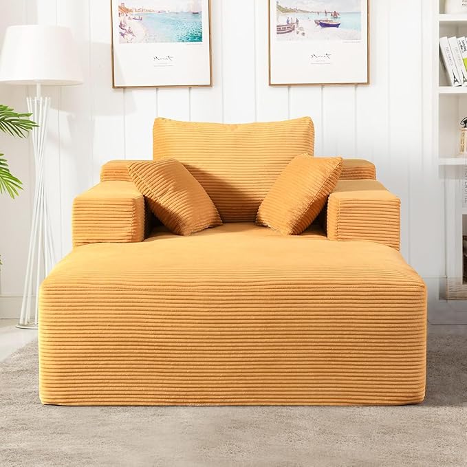 Monroe Convertible Chaise Lounge Chair Indoor – Oversized Corduroy Couch with Wide Armrest &amp Throw Pillows Cozy Boneless Sleeper Sofa Bed Armchair Ginger Yellow