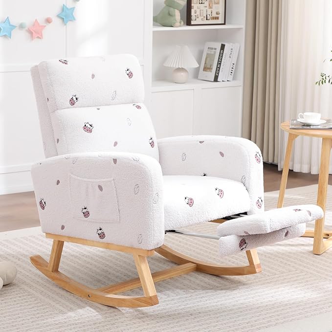 Rocking Chair Nursery with Foot Rest Nursing Rocking Chairs for Mom Breastfeeding Teddy Rocker Glider Chair with High Backrest for Living Room Bedroom Cow Printed White