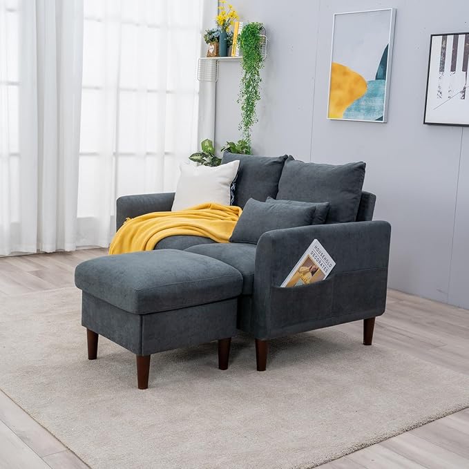 Panana Convertible Sectional Sofa CouchL-Shaped 2 or 3-Seat Sofa Sectional with Reversible Ottoman for Small Living Room Apartment (Gray Linen Fabric 2 Seater with Ottoman - Curved arms)