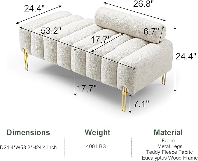 53.2 Modern Loveseat Sofa CouchUpholstered Couch Bench with Golden Legs and Adjustable BackrestSherpa Small Couches for Living Room Bedroom Office (Beige)
