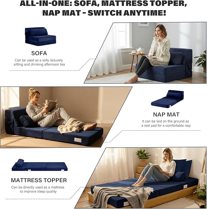 Tiita Folding Sofa Bed with Pillow Memory Foam Fold Out Chair Bed Single Size Convertible Chair Floor Couch &amp Sleeping Mattress Foldable Sleeper Sofa Bed for Guest Room Living Room Navy