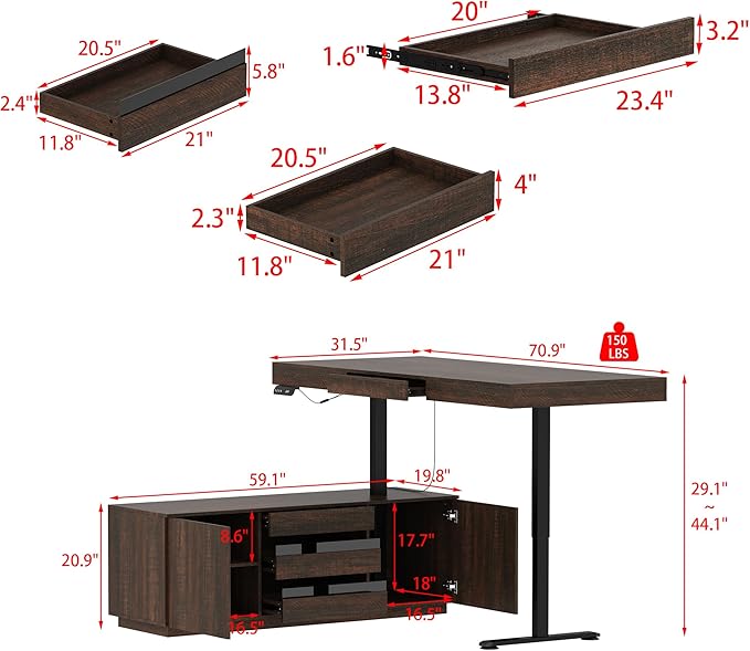 L Shaped Electric Standing Desk 29.1-44.1 Height Adjustable Reversible Computer Desk with 4 Drawers and Storage Cabinet Memory Study Writing Gaming Table for Home Office Brown