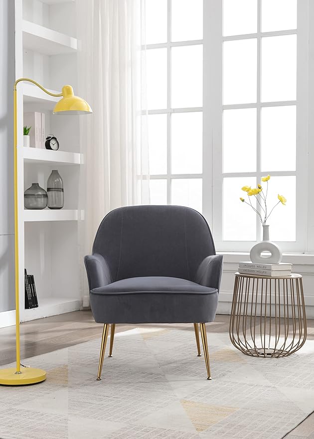 Modern Ergonomics Soft Velvet Fabric Material Accent Chair with Gold Legs and Adjustable Feet Screws for Indoor Home Living RoomGray