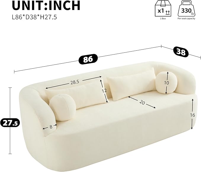 86 Curved Cloud Couch Curved SofaBoneless Couch Upholstered Sofa with Pillows No Assembly with High-Density Foam 3-Seater Luxury Modern Compressed Sofa Beige