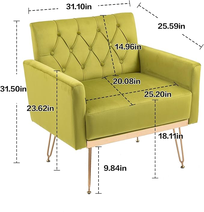 Velvet Accent Chair Upholstered Living Room Accent Armchair Leisure Single Chairs with Rose Golden feet Tufted Sofa Chairs for Home Office Living Room Bedroom Small Space (Olive Green)